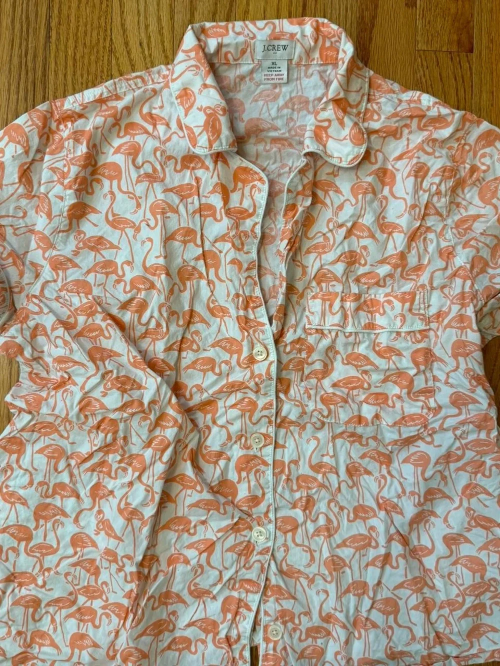 jcrew button up pajama top with coral colored flamingos